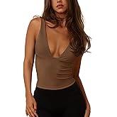 REORIA Women's Sexy Plunge Deep V Neck Sleeveless V Backless Tank Top Workout Yoga Crop Tops