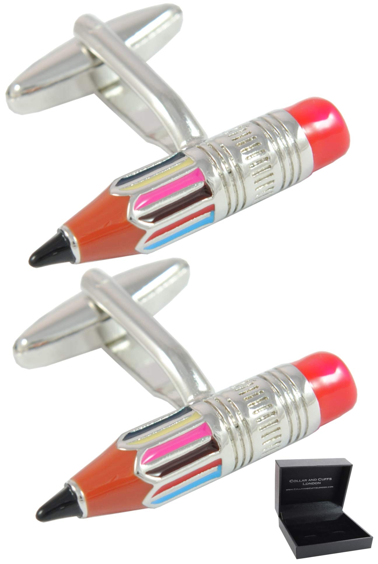 Cufflinks for Men + Presentation Box - Red and Silver Colours - Pencil - School Art Artist Sketch Architect Teacher Engineer Craft - One Pair