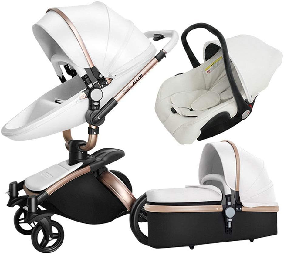 Luxury 3 in 1 Baby Stroller/Pram, PU Leather Pushchair+ Sleeping Basket + Car Seat, 360° Rotation, Bidirectional, Baby Trolley (White)