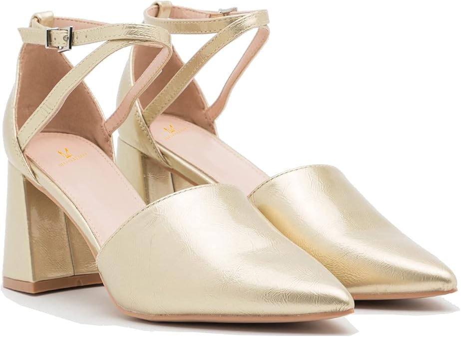 MOOMMO Women Pointed Toe Chunky Pumps Ankle Strap Mid Heel