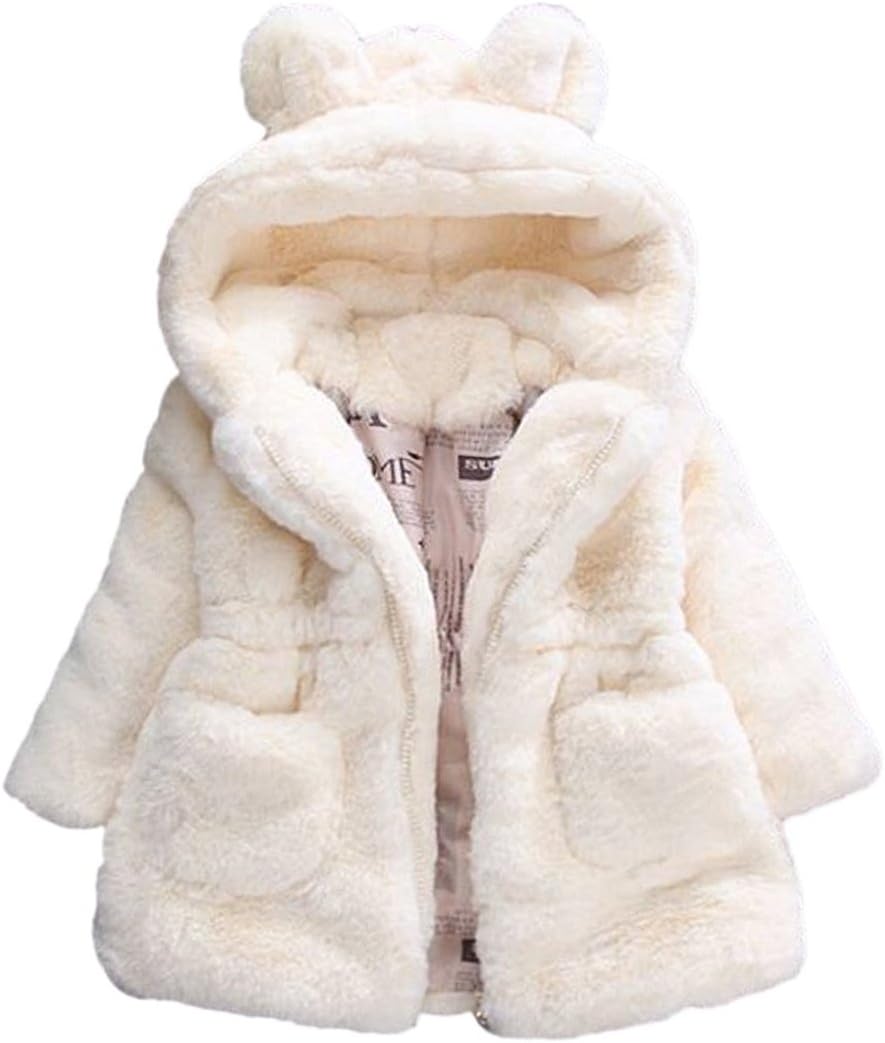 Baby Little Girls Winter Fleece Coat Kids Faux Fur Jacket with Hood Thicken Outwear Warm Overcoat