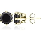 14k Gold Round Black Diamond 6-Prong Basket Stud Earrings (1/2-4 ct, Black) Push-Back