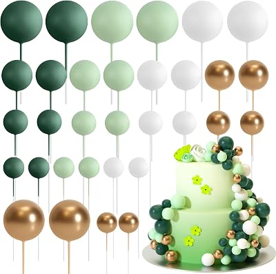 Astaron 32 Pcs Ball Cake Toppers Green Gold Foam Ball Decorations 2cm-4cm
