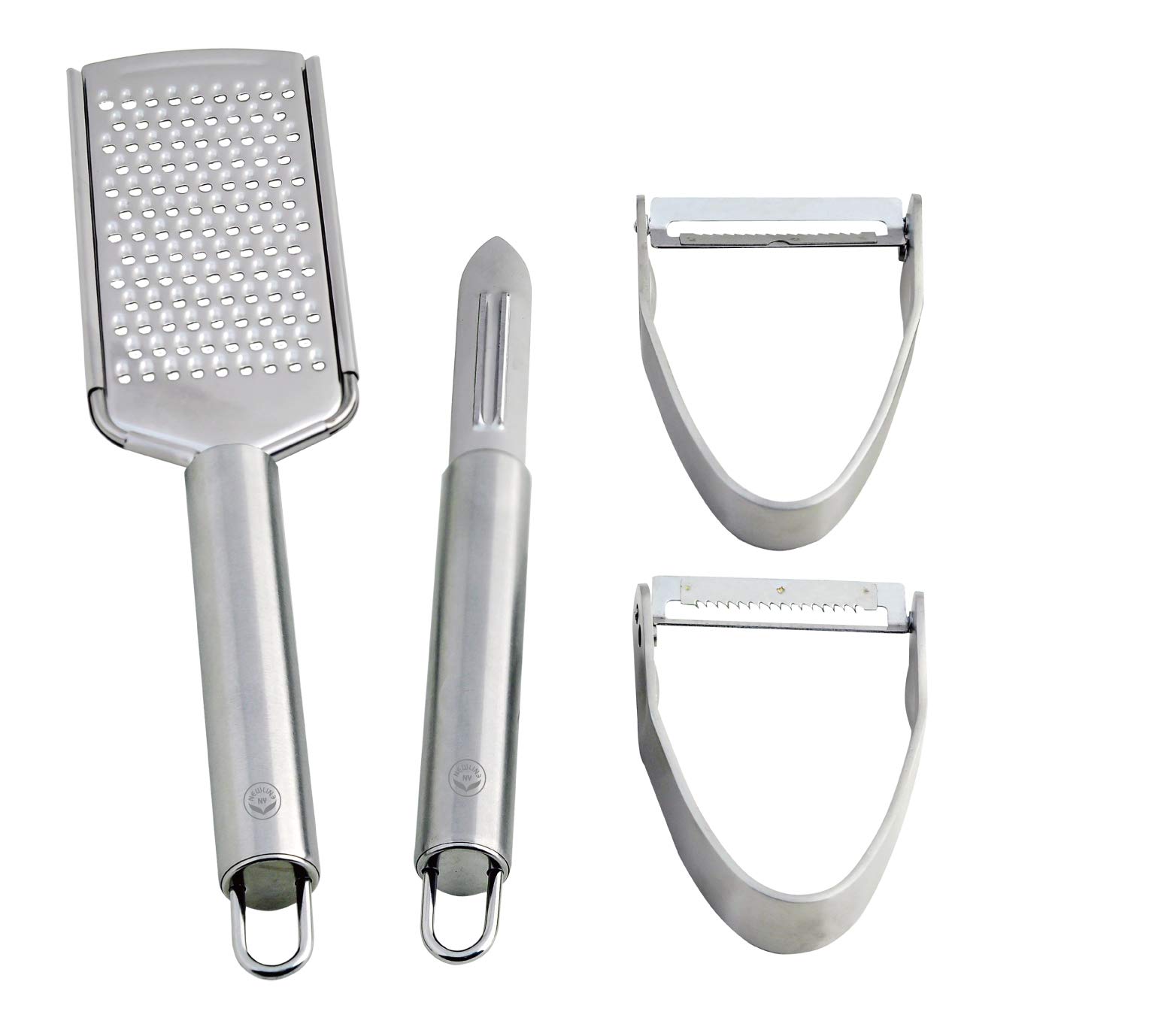 Newline NY Stainless Steel Veggie Fruit Shredder Slicer Grater Peeler, 4 Pcs Kitchen Tools Set: 1 Straight 1 Julienne Peeler 1 Cheese Vegetable Grater 1 Traditional