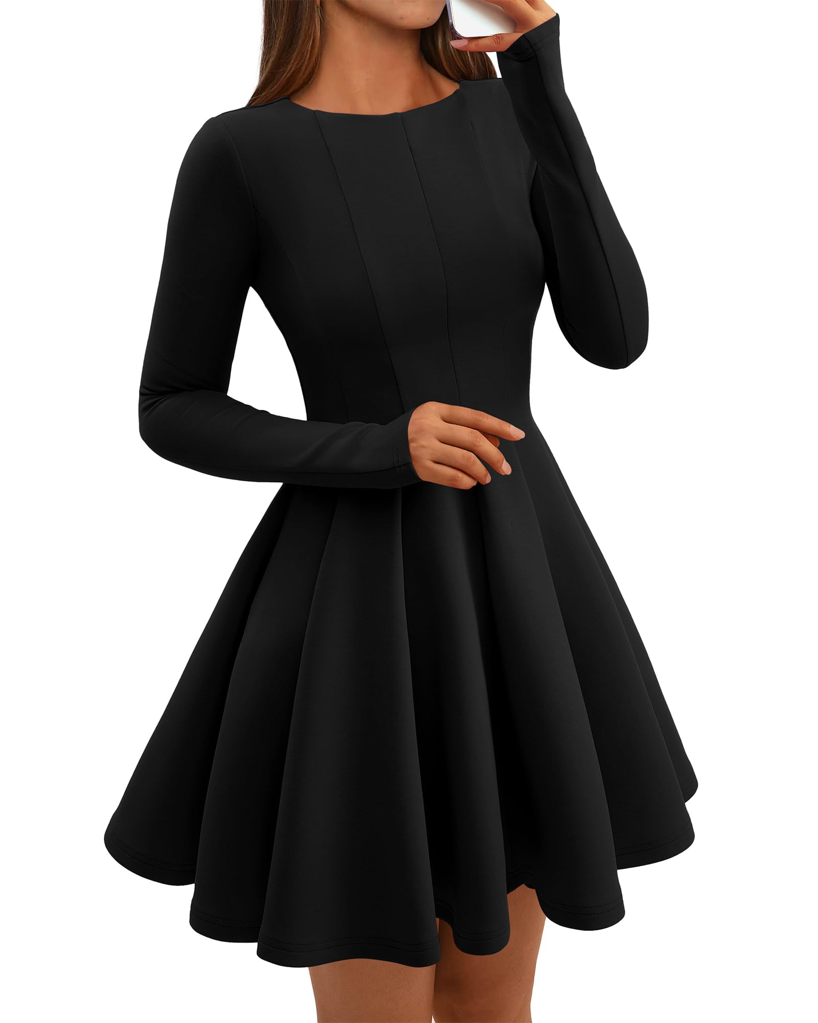 Photo 1 of BTFBM Spring Dresses for Women 2026 Long Sleeve High Waist Pleated Flowy Aline Party Wedding Guest Dress Business Casual(Black, Medium)