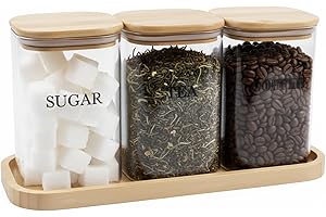 Sugar Tea Coffee Container Set – 3 Piece Glass Kitchen Canister Set with Lids and Wooden Tray, Airtight Coffee Storage Jars f