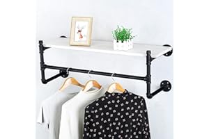 HAOVON Industrial Pipe Clothing Rack Wall Mounted Wood Shelf,Pipe Shelving Floating Shelves,Retail Garment Rack Display Rack Clothes Racks(1 Tier,36in)