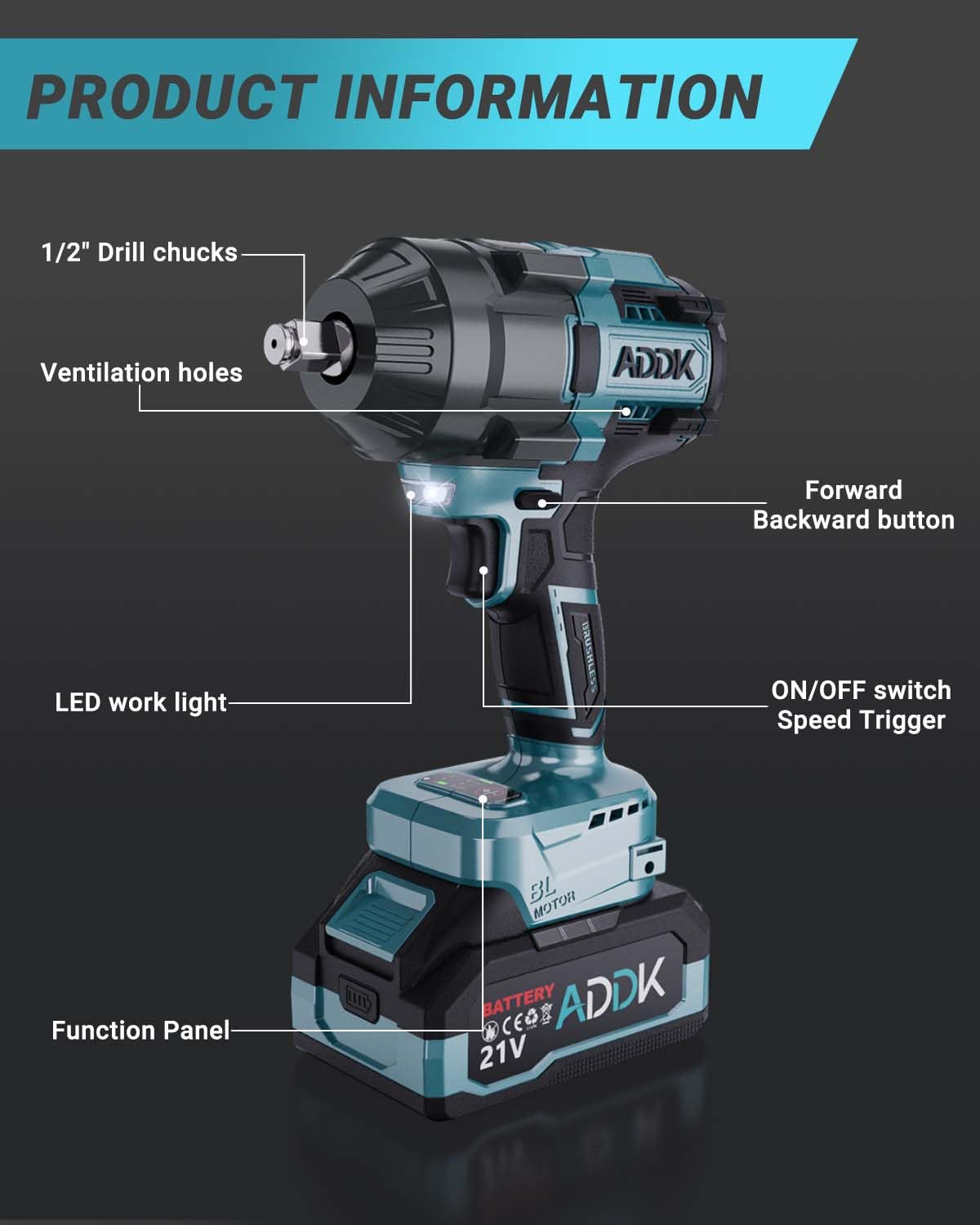 ADWOLT 1600N.M Akku Schlagschrauber 21V 2x4.0Ah Batteries Bürstenloser 6-Gang-Getriebe 2600RPM Drehschlagschrauber, Elektrischer Schlagschrauber für LKW Auto Reifenwechsel 8