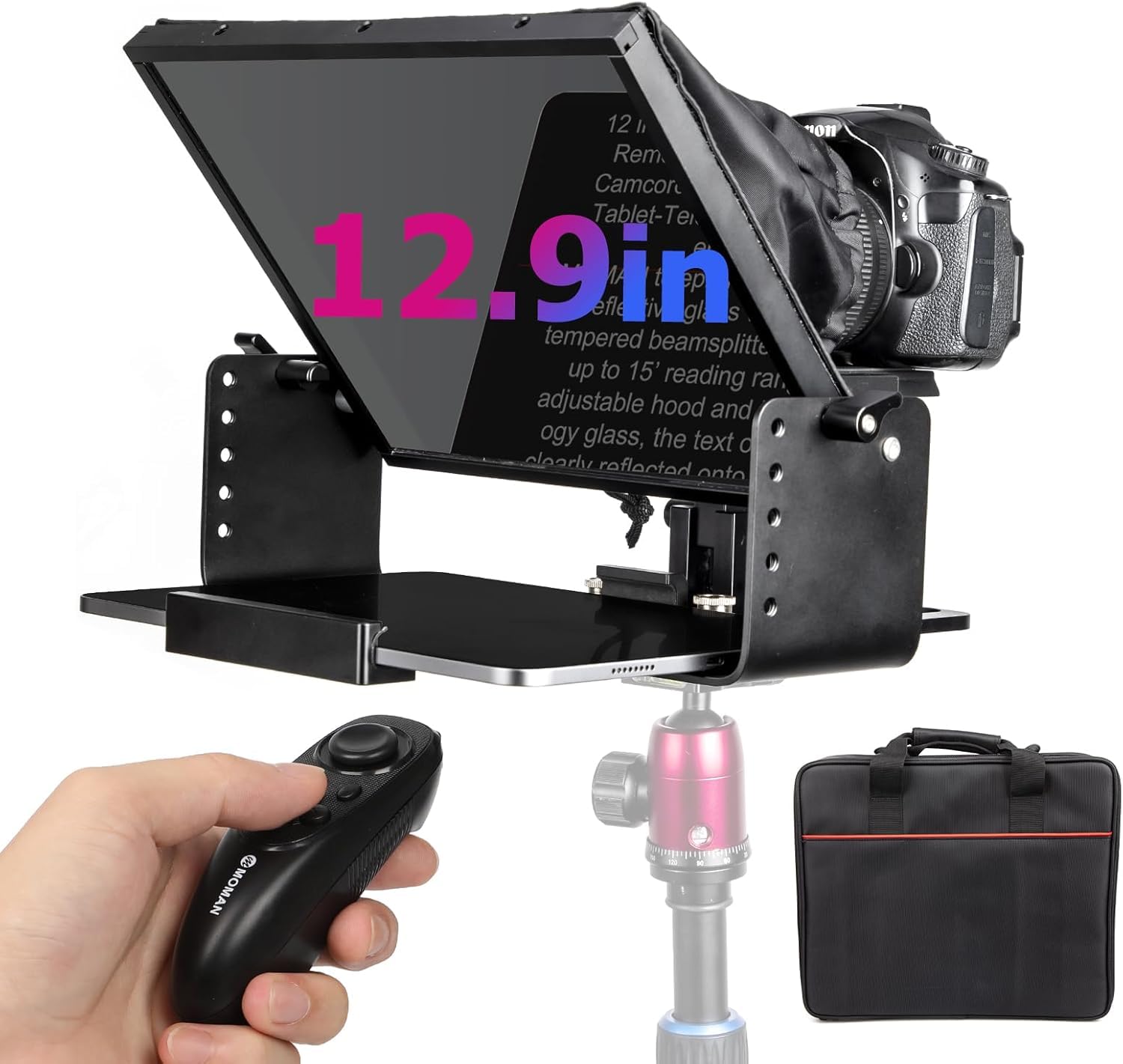 Teleprompter, MOMAN MT12 Metal Prompter Kit 12 inch for 12.9inch iPad Digital Camera Tablets with APP Remote Control for DSLR Camera Camcorder Smartphone, Tablet-Teleprompter-Autocue-Camera-Prompting