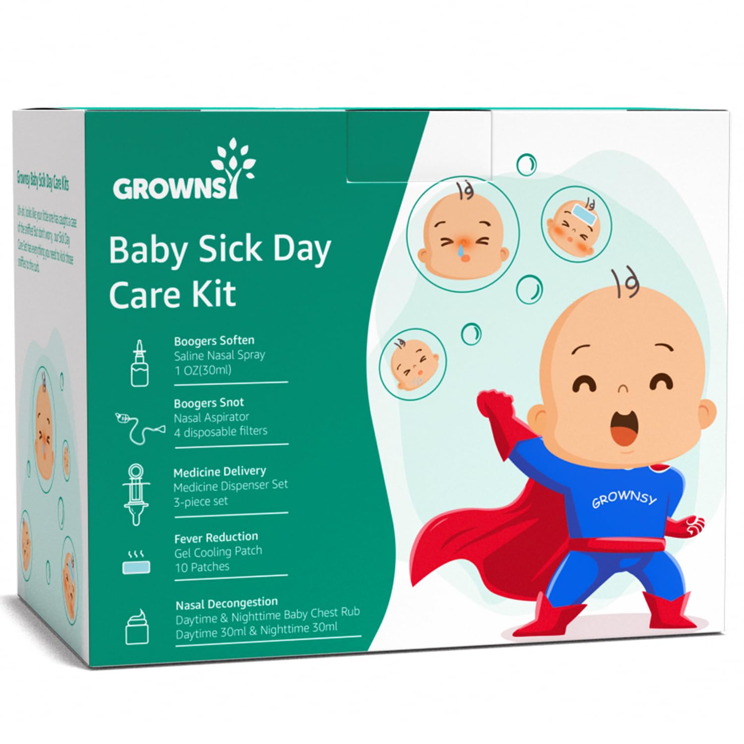 GROWNSY Baby Sick Day Care Kit, Saline Nasal Spray, Nasal Aspirator for Baby, 2 PCS Day & Night Chest Rubs, Baby Medicine Dispenser and Fever Patch for Kids