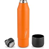 EcoVessel Stainless Steel Bottle with Removable Cup, Vacuum Insulated Thermos for Hot and Cold Drinks, with Folding Handle for Travel and Camping, 25oz (Orange)