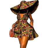 ABCWAX African Dresses for Women Suspenders Traditional Ankara Kente Print with Hat Sexy for Party