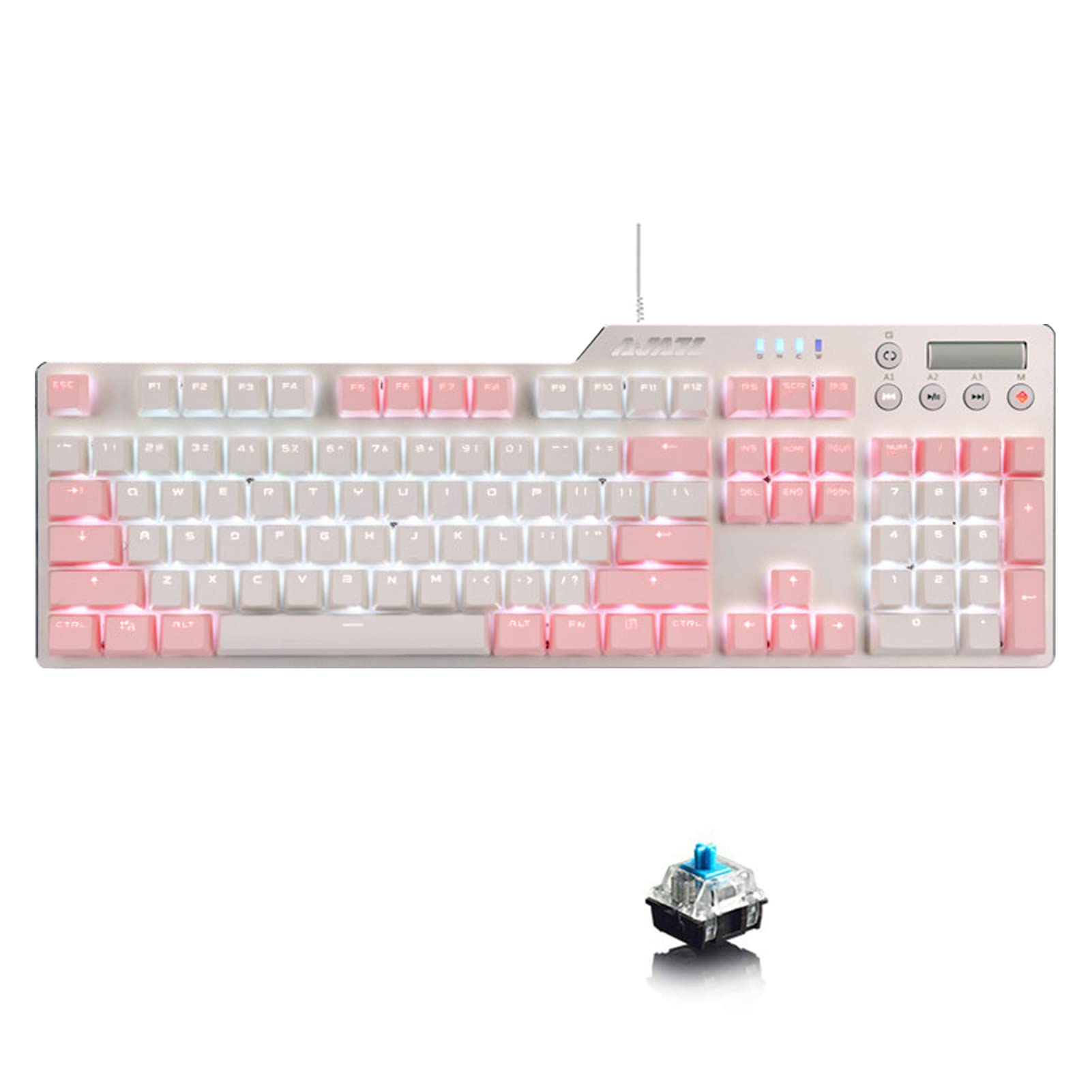 Lomiluskr Wired Mechanical Gaming Keyboard, 104 Keys and 6 Media Keys Anti-Ghosting, 2 Colors PBT Keycap, Hot-swappable Switch, Elegant White Backlight, Aluminum Panel (Pink&White, Blue Switch)