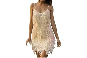 lcziwo Women's Cocktail Dress Sexy Sequin Feather Sleeveless Spaghetti Strap Scoop Neck Zip Back Mini Dress Club Party Dress