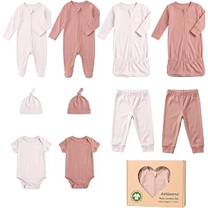 Aablexema Organic Cotton Baby Layette Set, 10pcs Newborn Essentials Footed Pjs, Bodysuits, Pants, Hats, Nightgowns