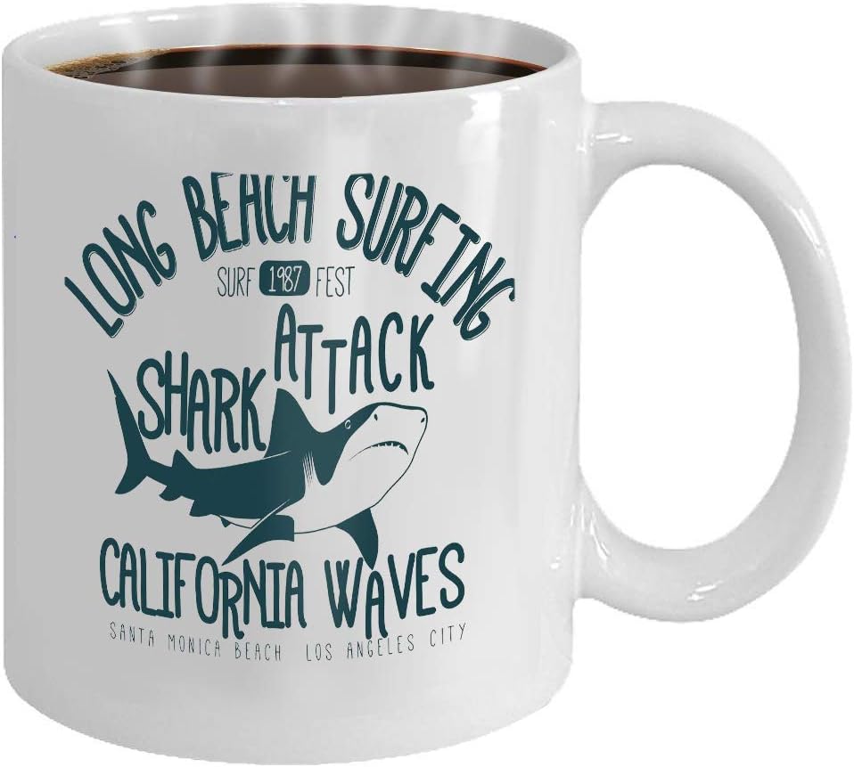 Custom Mugs White Ceramic 11 Oz surfing graphic design shark attack long beach stamp california surfers wear typography emblem creative