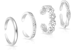 Mikovivi 4pcs Adjustable Toe Rings for Women, 4 Styles Non-Tarnish Diamond Flower Plain Open Toe Ring Beach Foot Jewelry for 