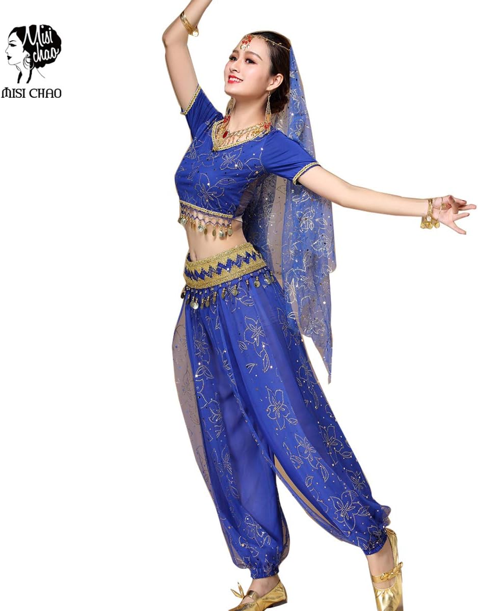 Amazon ベリーダンス 衣装 5点セット シフォン コスペレ 仮装 アラジン インドダンス 社交ダンス アラビアン衣装 コスチューム 半袖トップス ズボン ブルー コスプレ 仮装 通販