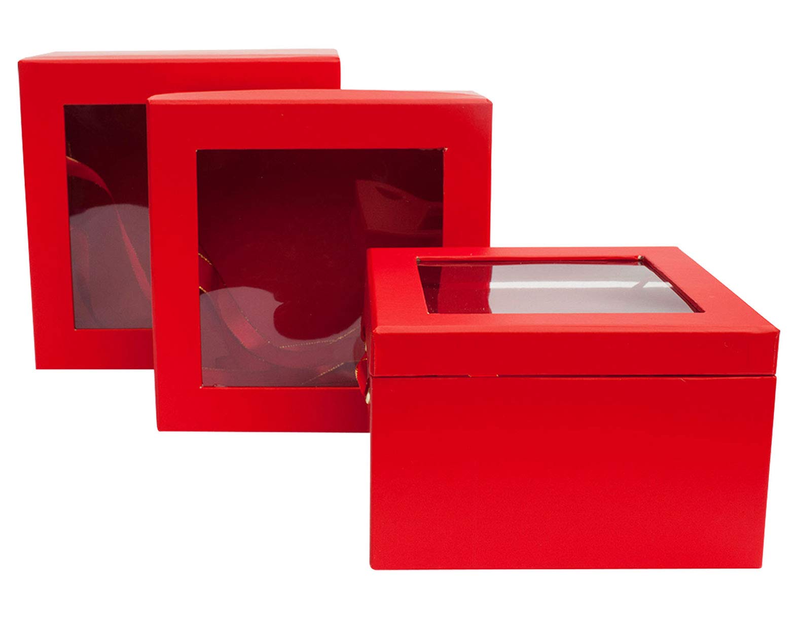 Emartbuy Set of 3 Rigid Luxury Square Presentation Gift Box, Red Print with Transparent Top, Double Layer Interior and Red and Gold Satin Ribbon Handles
