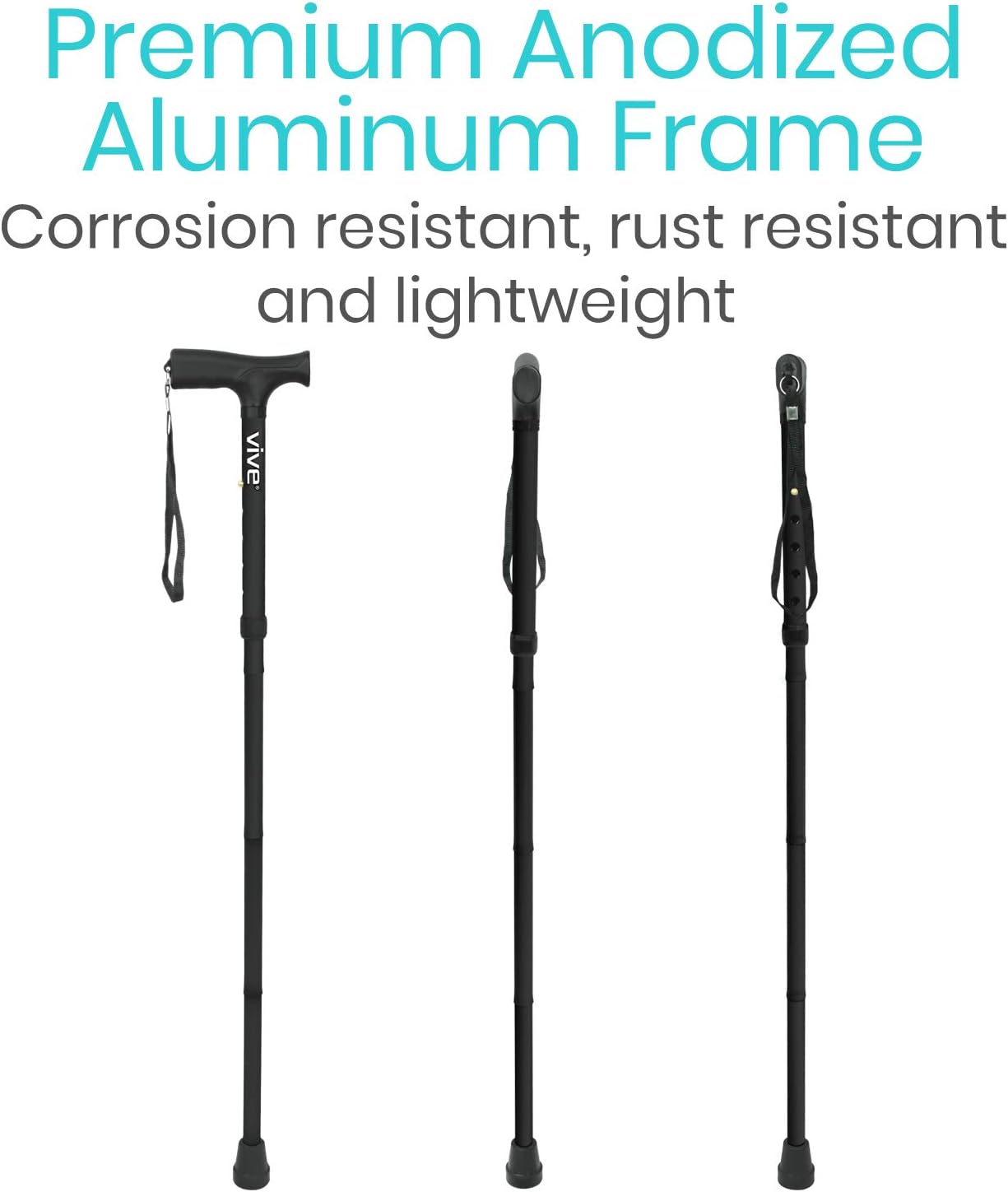 Vive Folding Cane - Foldable Walking Cane for Men, Women - Fold-up, Collapsible, Lightweight, Adjustable, Portable Hand Walking Stick - Balancing Mobility Aid - Sleek, Comfortable T Handles (Black): Health & Personal Care