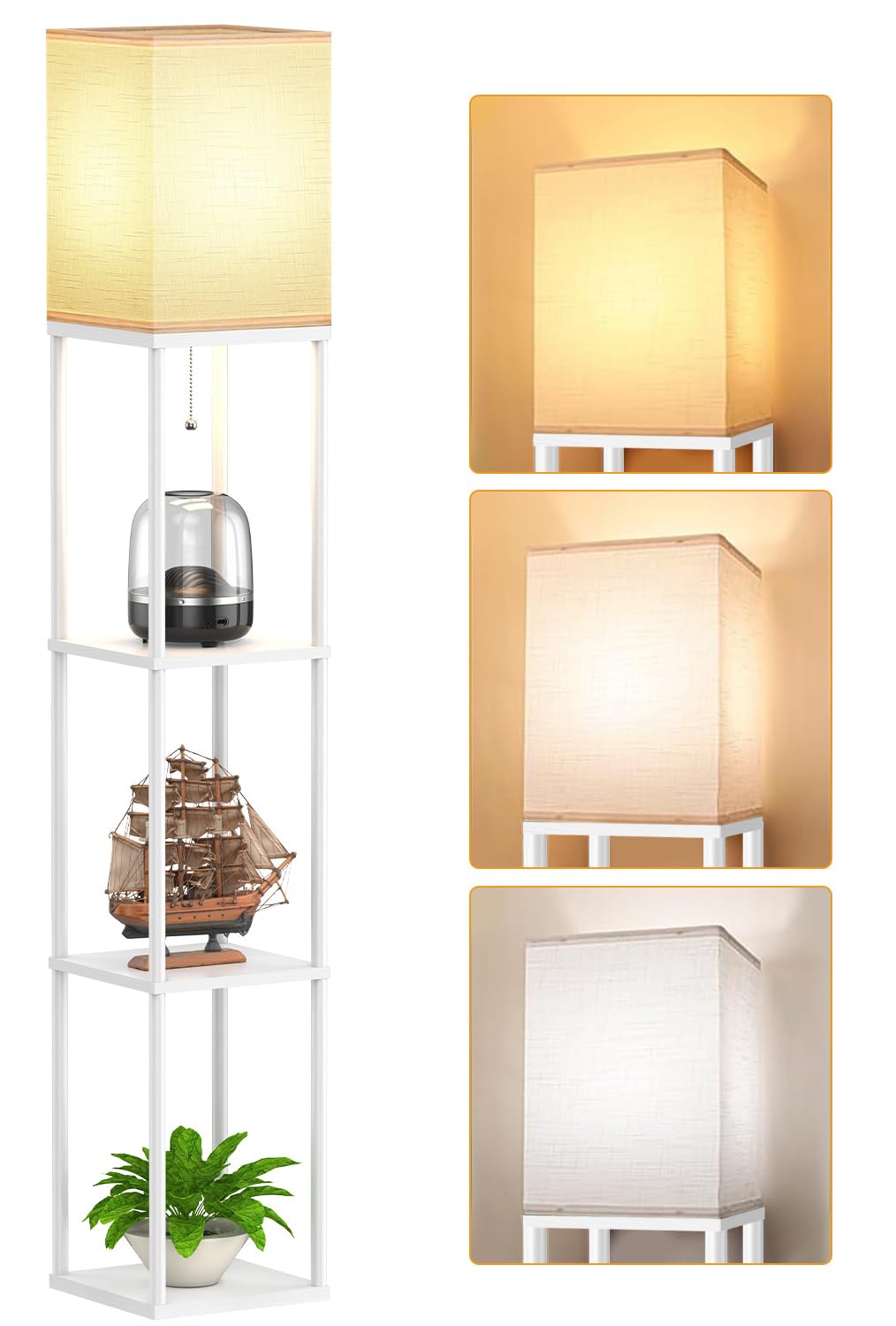 Floor Lamp with Shelves for Living Room White, Shelf Floor Lamp with 3 CCT LED Bulb, Corner Display Standing Column Lamp Etagere Organizer Tower Nightstand with White Linen Shade for Bedroom, Office Image