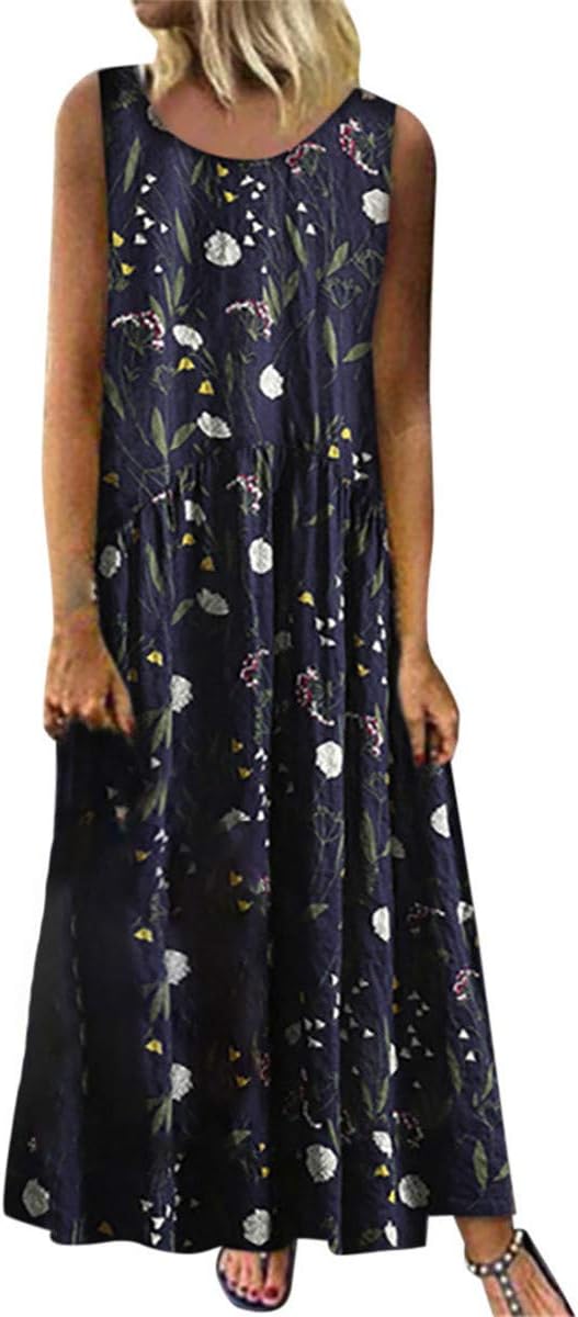 Women's O-Neck Boho Sleeveless Summer Beach Sundress Floral Printed Casual T-Shirt Short Mini Dress White