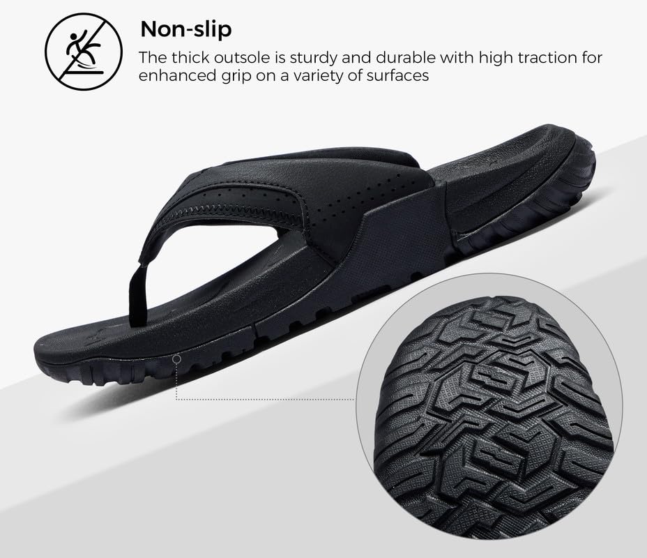 AIRHAS Mens Arch Support Walking Flip Flops Durable Comfort Outdoor Thong Sandals for Men Non Slip Summer Beach Sandals(Black, 9.5)
