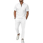 Bealin Mens Summer Beach Outfits 2 Piece Casual Quarter Zip Short Sleeve Vertical Stripe Shirt and Loose Pants Set
