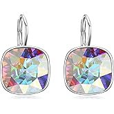 AOBOCO Sterling Silver Leverback Earrings Embellished with Crystals from Austria, Hypoallergenic Cushion Cut Square Crystal Earrings, Fine Anniversary Birthday Jewelry Gifts for Women
