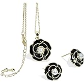 Fenni Jewelry Enamel Pearl Camellia Flower Necklace Earrings Set for Women Rose Charm Pendant Necklace Sterling Silver Earrings
