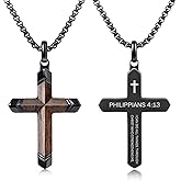 ROOCRYAN Wooden Cross Necklace for Men with Bible Verse, Real Ebony Wood Mens Cross Necklaces, Black Cross Pendant Christian Gifts, Adjustable 24-25 inch Box Chain