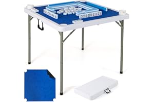 GYMAX Mahjong Table Foldable with Mahjong Mat, 4-Player Square Domino Table w/Cup Holders & Carrying Handle, Anti Slip Noise Reduction for Mahjong, Poker, Card Board Games (Pure Blue)
