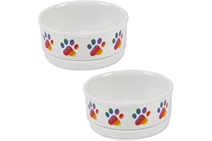 Bone Dry Ceramic Food Bowls, Non-Slip & Dishwasher Safe, Small Set, 4.25x2, Rainbow Paw, 2 Count