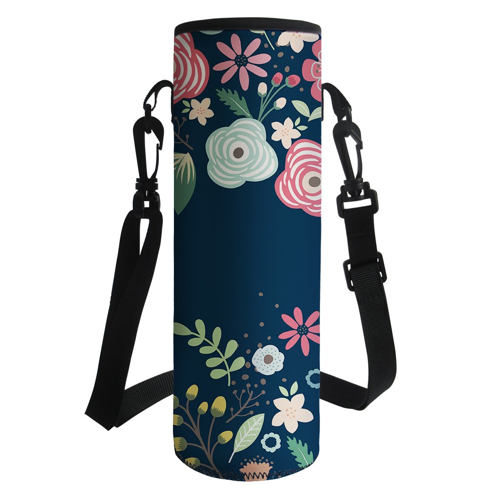 HUGS IDEA Shoulder Strap Water Bottle Carrier Flower Print Neoprene Insulated Bottle Bag Pouch