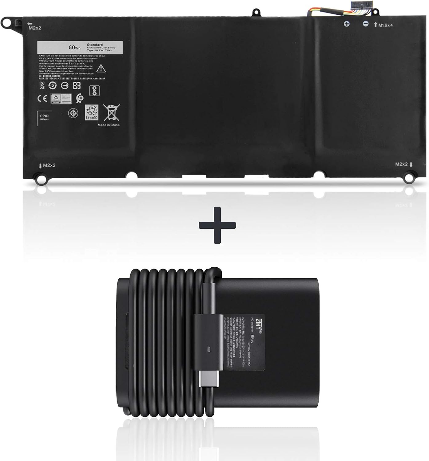 ZTHY New Dell 65W USB-C Type C AC Adapter Charger and 60Wh PW23Y Laptop Battery Compatible with Dell XPS 13 9360 P54G002 Series