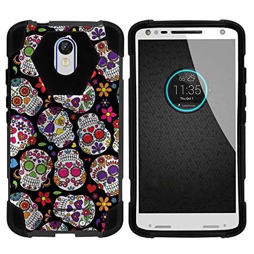 MINITURTLE Case Compatible w/ Motorola Droid Turbo 2 Black Case, Moto X Force Hard Shell Case, Kinzie Case [SHOCK FUSION] 3 in 1 Stand Case + Screen Film + Stylus Girly Sugar Skulls