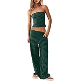 UNIANKIYA Womens Striped 2 Piece Lounge Set Strapless Tube Top and Wide Leg Pants Summer Beach Vacation Outfits Travel Set