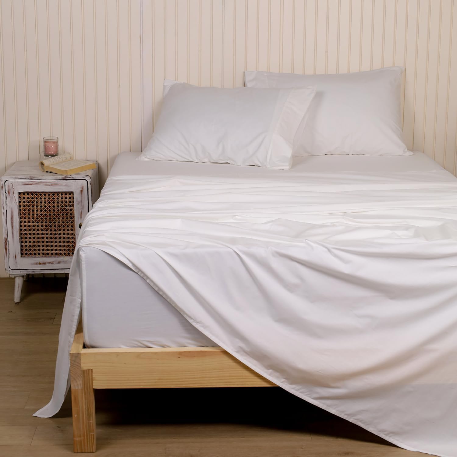 LINENWALAS 100% Cotton Percale Sheet Set Double Size, Soft Breathable Crisp and Cooling Premium Cotton 4 Piece Sheet Set- 1 Flat, 1 Fitted, and 2 Pillowcases (White, Double)