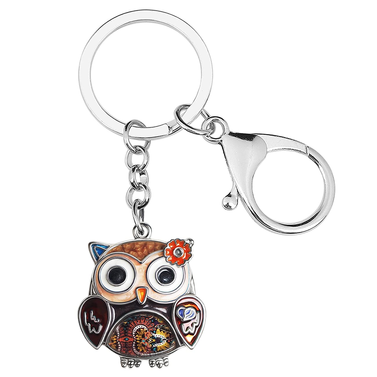Enamel Alloy Anime Flower Owl Keychain Bird Keyring Fashion Jewelry For Women Girls Charm Gift (Brown), 28mm x 28mm