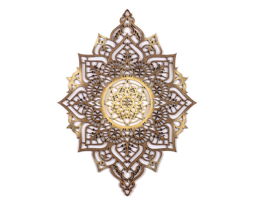 Mandala Wall Art, Geometric Indian Wood Wall Decor, Bohemian Ethnic Housewarming Wall Hanging, Sacred Geometry Yoga Studio, Gold, Walnut Stain, Morrocan Handmade Spiritual Gift