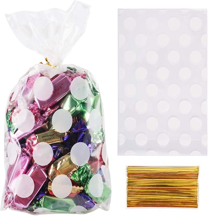 Vasdoo White Polka Dot Cellophane Candy Bags with Twist Tie