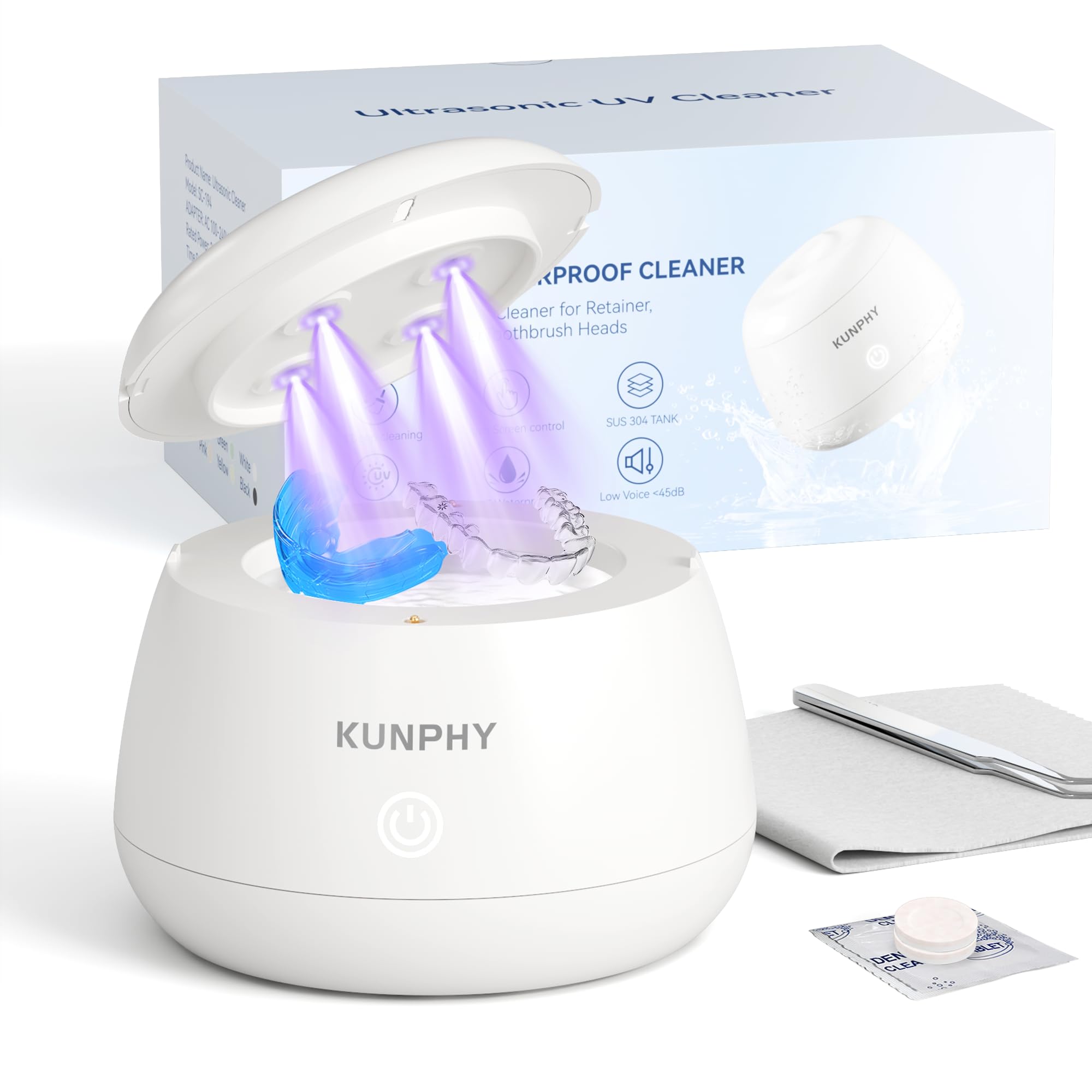 Photo 1 of KUNPHY Ultrasonic Retainer Cleaner, 48kHz Denture Cleaner Machine with Cleaning Tablets, Water-Proof Dental Cleaning Pod for Deep Cleaning Night Guard, Mouth Guard, Aligner, Jewelry, White