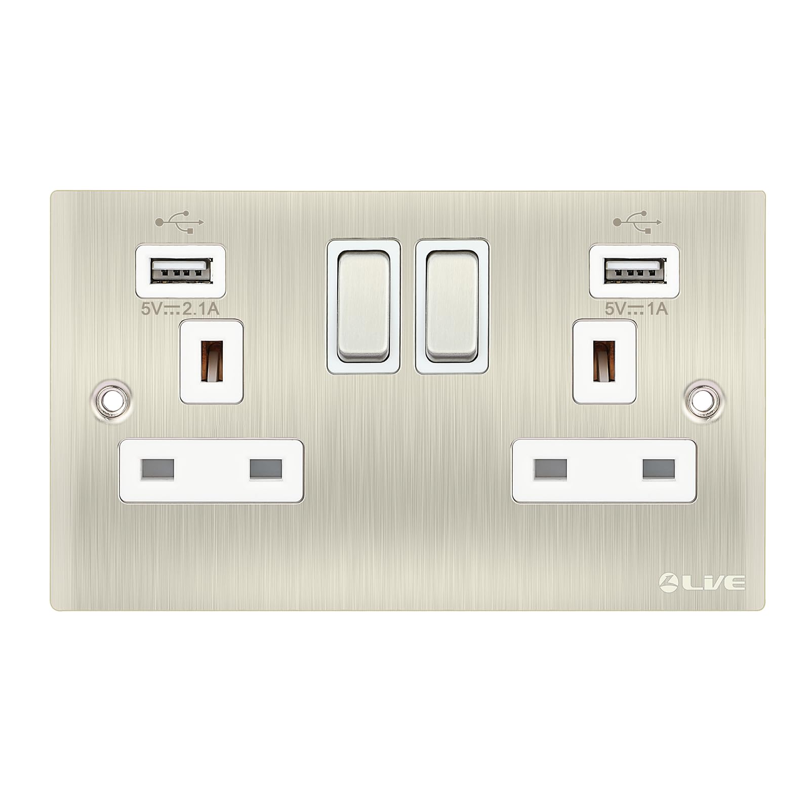 L LVE USB Switched Electric Outlet, Metal Clad 2Gang 13A Wall Socket with 2USB Port，Polished Brass,146mm*86mm