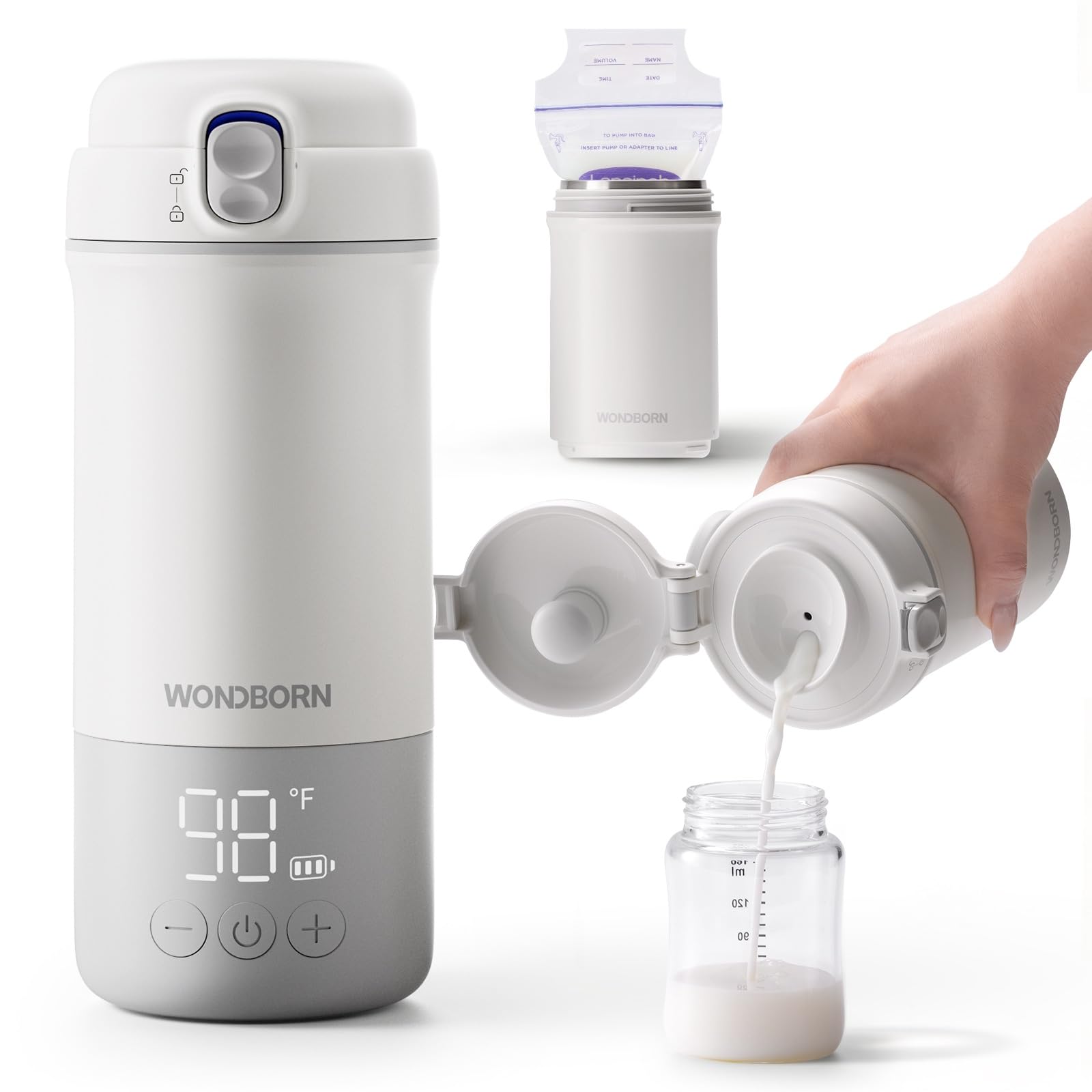 Photo 1 of WONDBORN Portable Bottle Warmer for Travel - Instant Heating, Dishwasher Safe, 1°F Precise Temp Control, 30W Fast Charge, Long Battery Life, 17 Oz Capacity, Baby Milk Warmer for Breastmilk & Formula