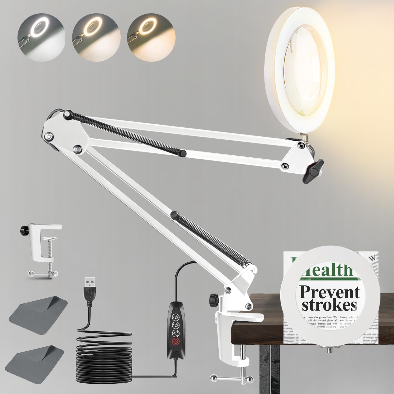 Magnifying Glass with Light,10X Desk Clamp LED Magnifier Lamp,3 Color&10 Dimmable Modes,USB Rechargeable, Adjustable Arm, Real Glass Lens for Reading Close Work Hobbies Crafts Painting Sewing Diamond