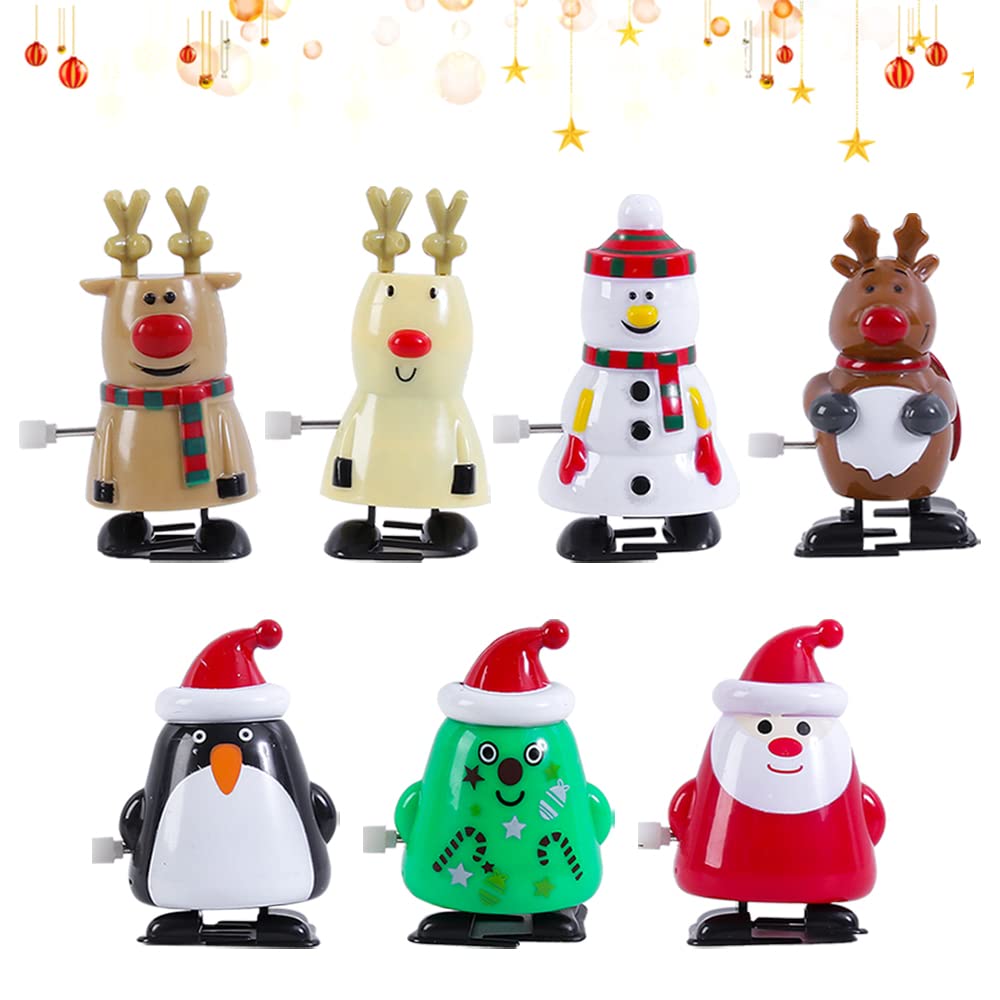 Lifreer 7Pcs Christmas Wind Up Products Snowman Elk Xmas Tree Santa Claus Penguin Clockwork for Novelty, Christmas Cracker Fillers, Xmas Eve Box Fillers