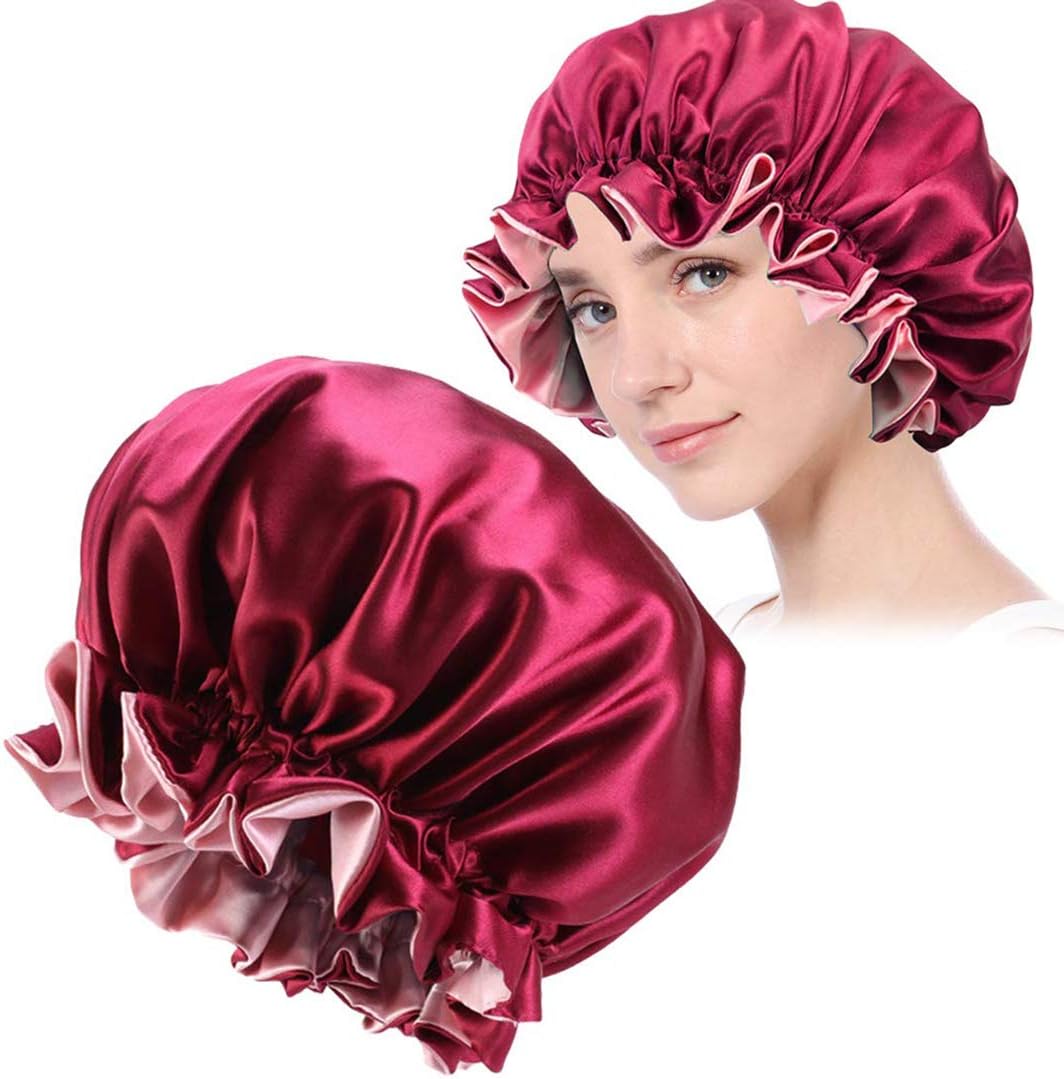 Dreamslink Women's Double Layer Satin Bonnet Sleep Cap for Curly Hair (Wine Red)