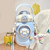 Woskailly Cute Stainless Steel Water Bottle with Portable Stylish Perfect Sport Set, Vacuum Insulated Bottles 24.6oz (Blue)