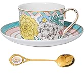 PANAOAHU Bone China Tea Cup and Saucer Set, Floral Vintage Tea Cup with Gold Trim, Ceramic Coffee Cup with Saucer and Spoon, Gift for Women, Mom, Friends, 6.8 oz