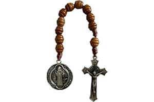 Saint Benedict Medal Prayer Pocket Rosary Catholic Brown Wood Beads with Medalla de san benitol and Crucifix, 9 Inch (Antique